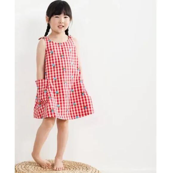 Hanna Red Gingham Pillowcase Dress Sundress Sleeveless Blue Floral Embroider 6 7 - Picture 1 of 9